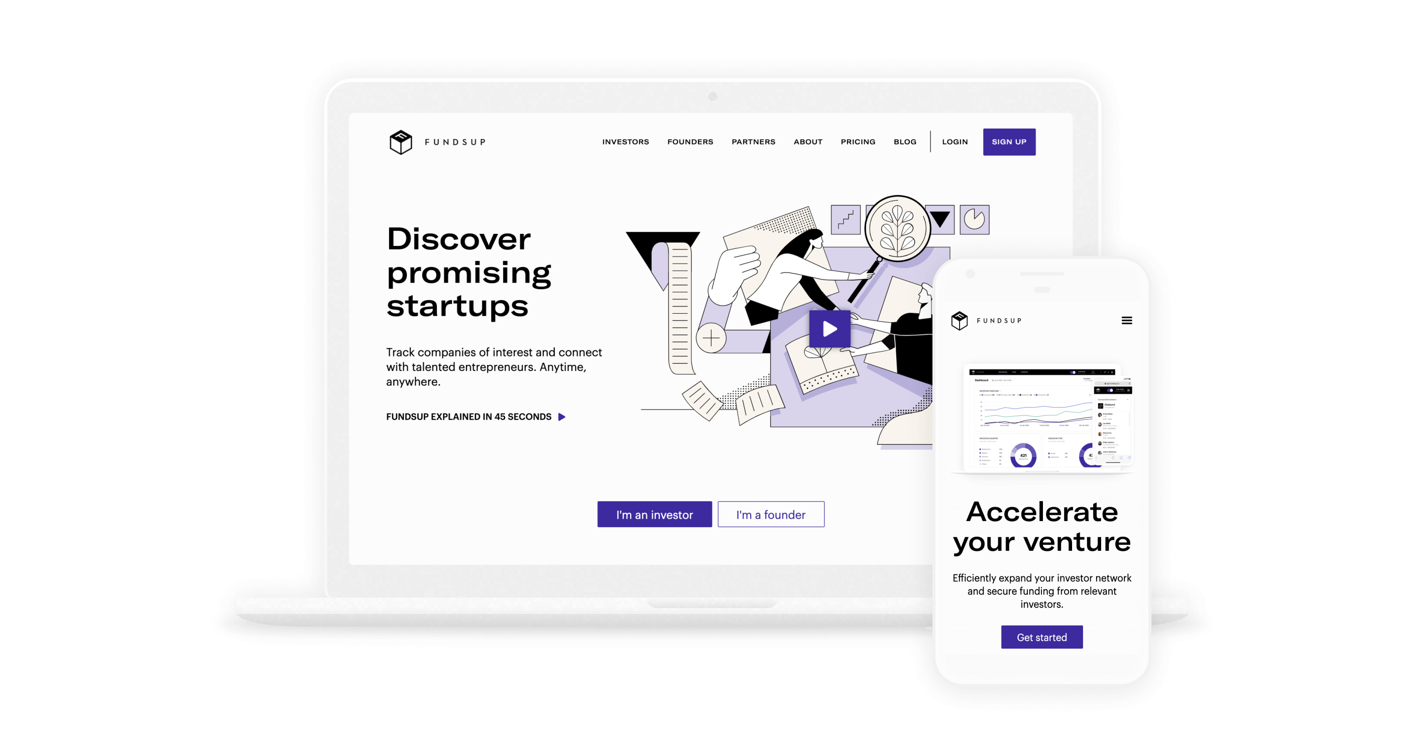 Screenshots of the desktop and app versions of Fundsup showing the home pages