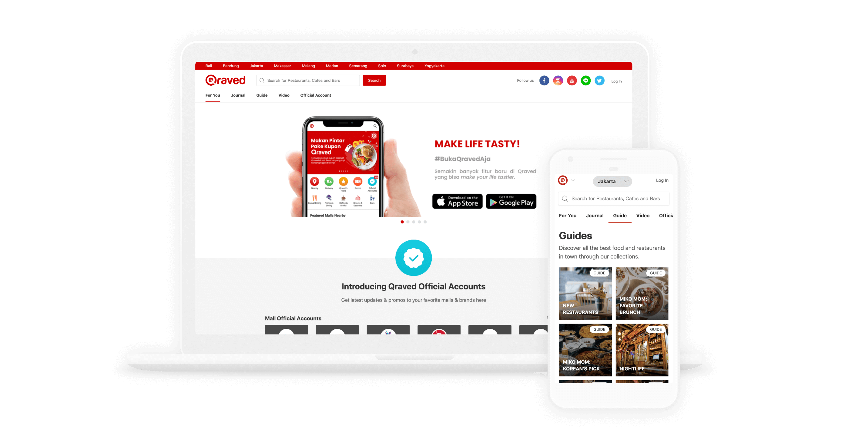 Screenshots of the desktop and app versions of Qraved showing the web home page and Guides page on the app