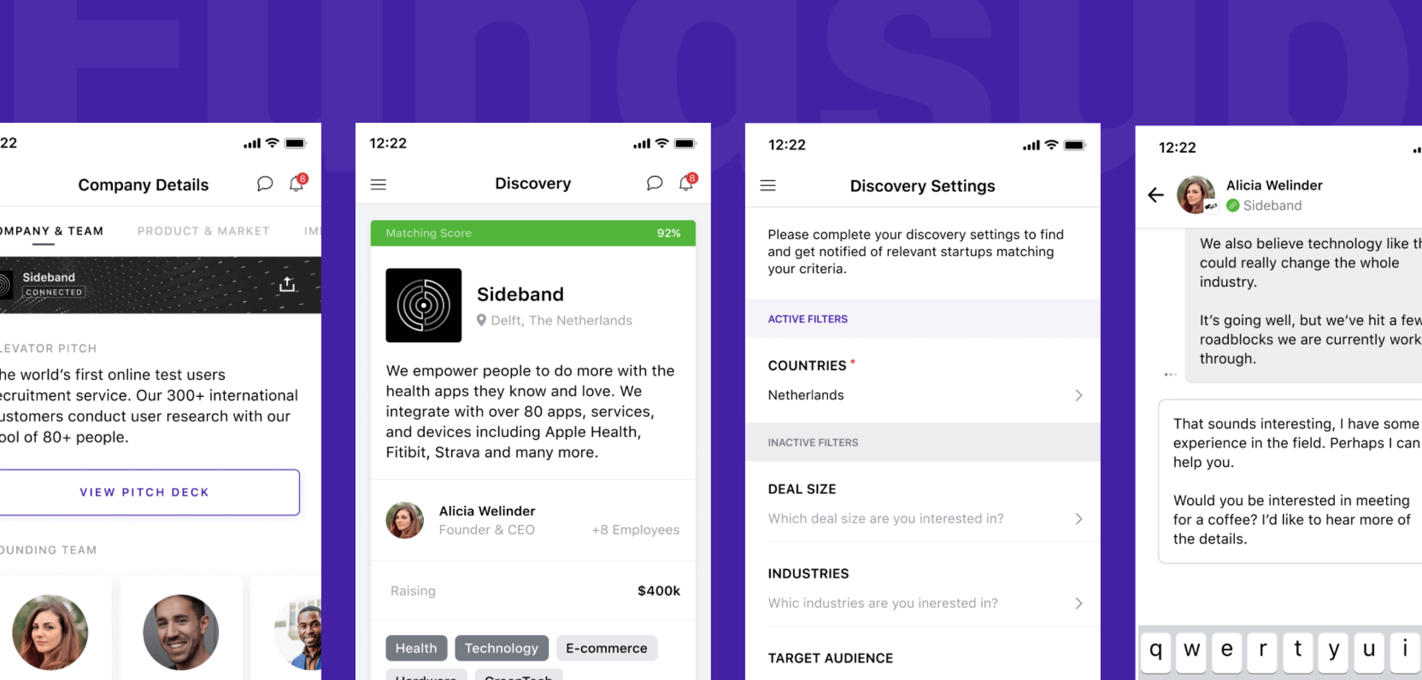 Screenshots of the app version of Fundsup showing Company Details, Discovery, Discovery Settings and Chat pages