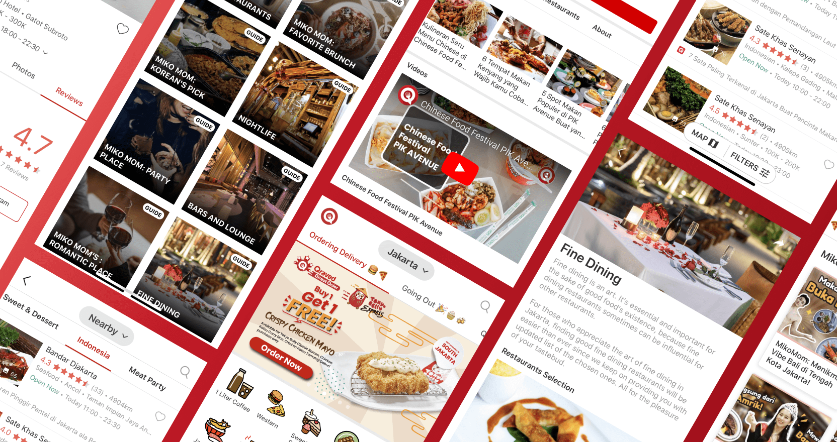 Screenshots of the app version of Qraved showing Guides, Nearby, News, Jakarta Delivery and Journal pages